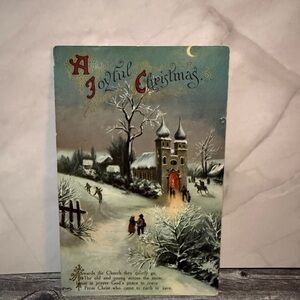 Antique Christmas postcard church people snow